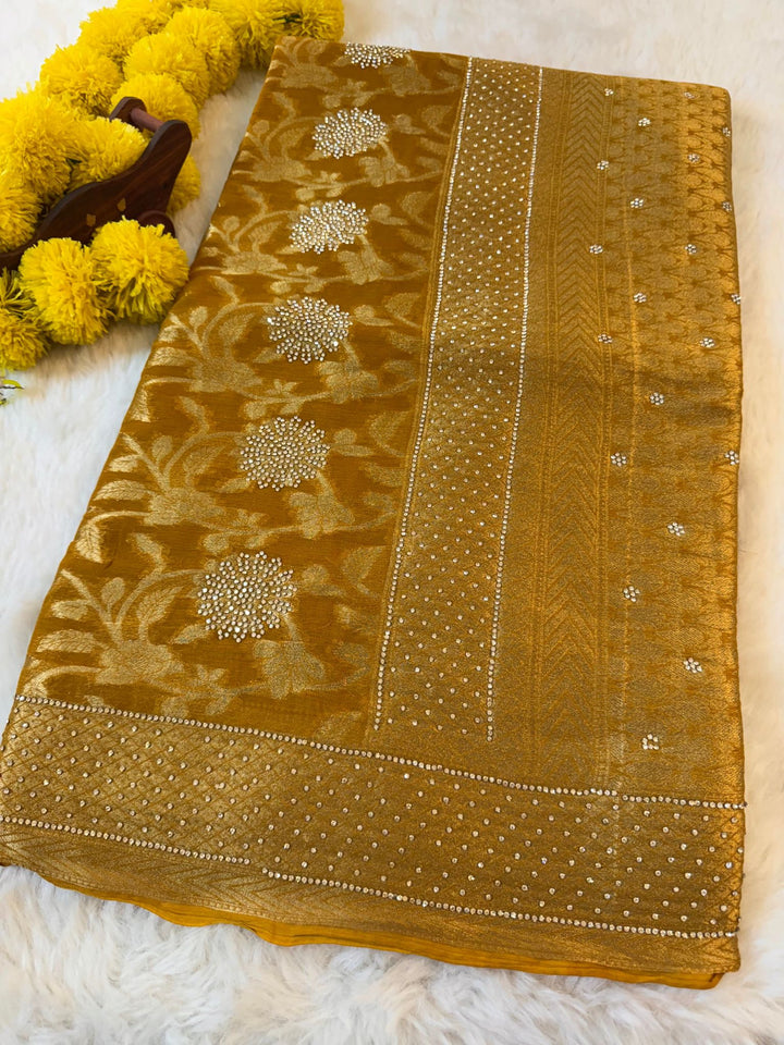 Pure Khaddi Georgette Zari Weaving Saree with Floral Butti & zarkan Work Border
