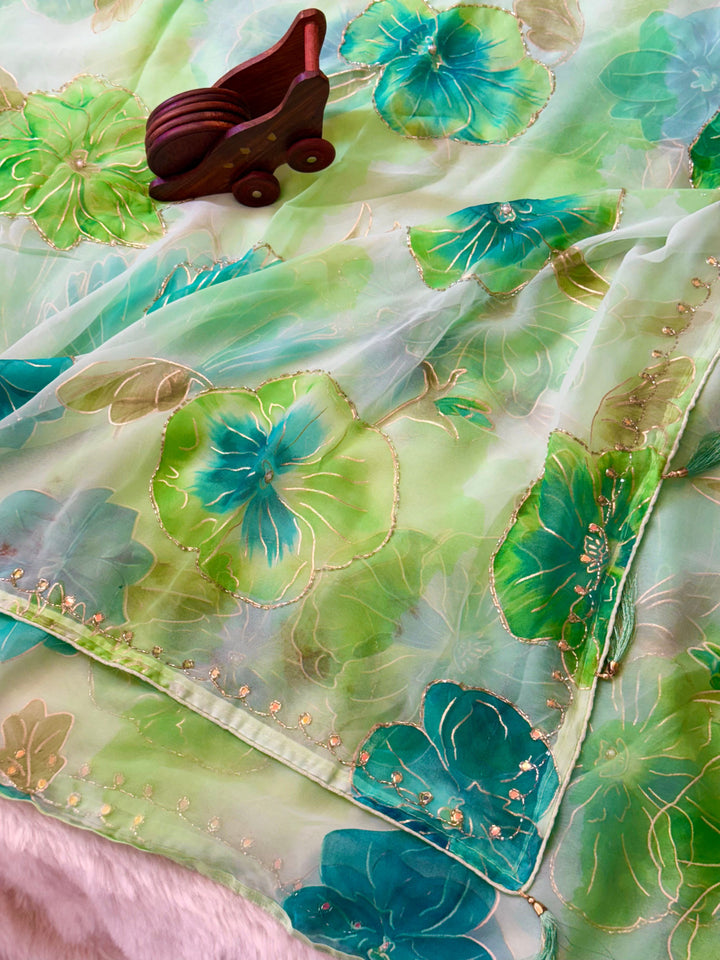 Shaded Floral Printed Saree with Pearl & Metallic Outline