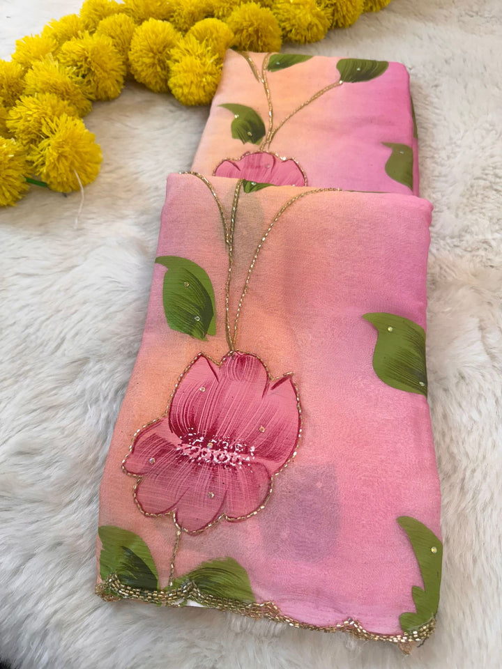 Premium Brush Painted Floral Chiffon Saree with Embellished Border