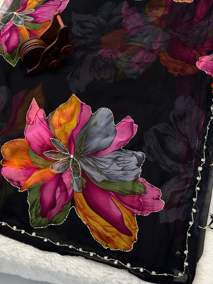 Premium Floral Print Saree with Multi-Color Bloom & Pearl Border