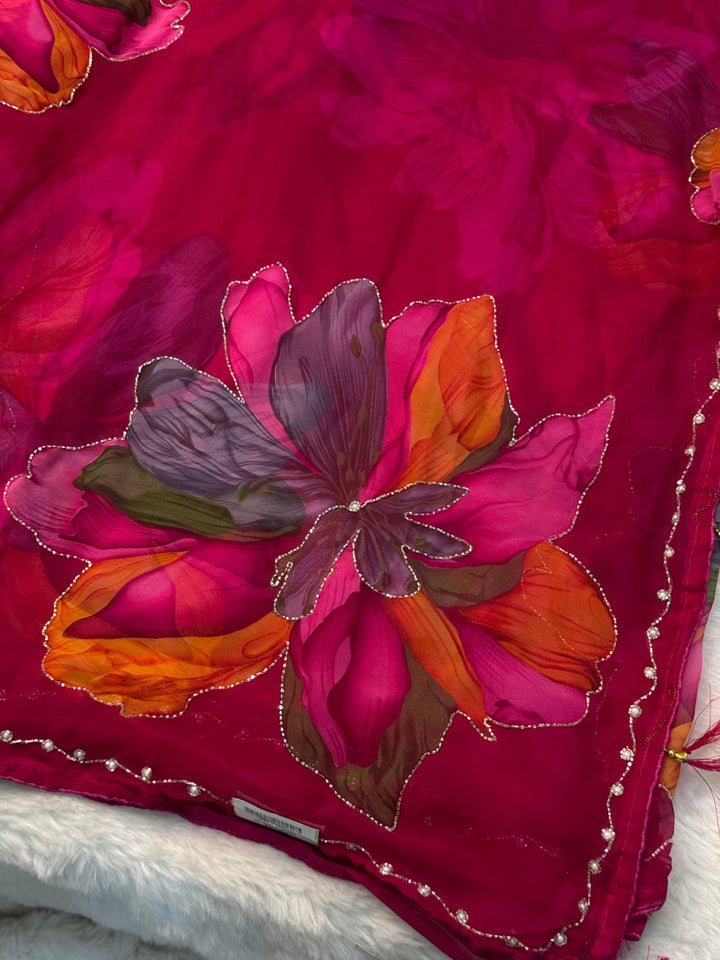 Premium Floral Print Saree with Multi-Color Bloom & Pearl Border