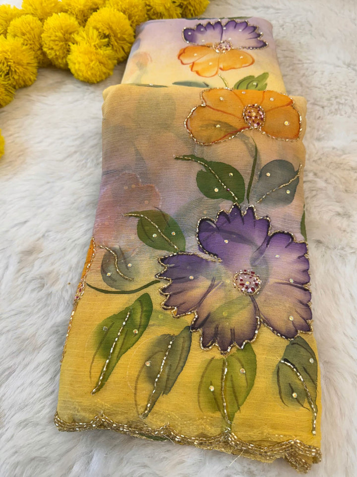 Premium Brush Painted Floral Chiffon Saree with Embellished Border