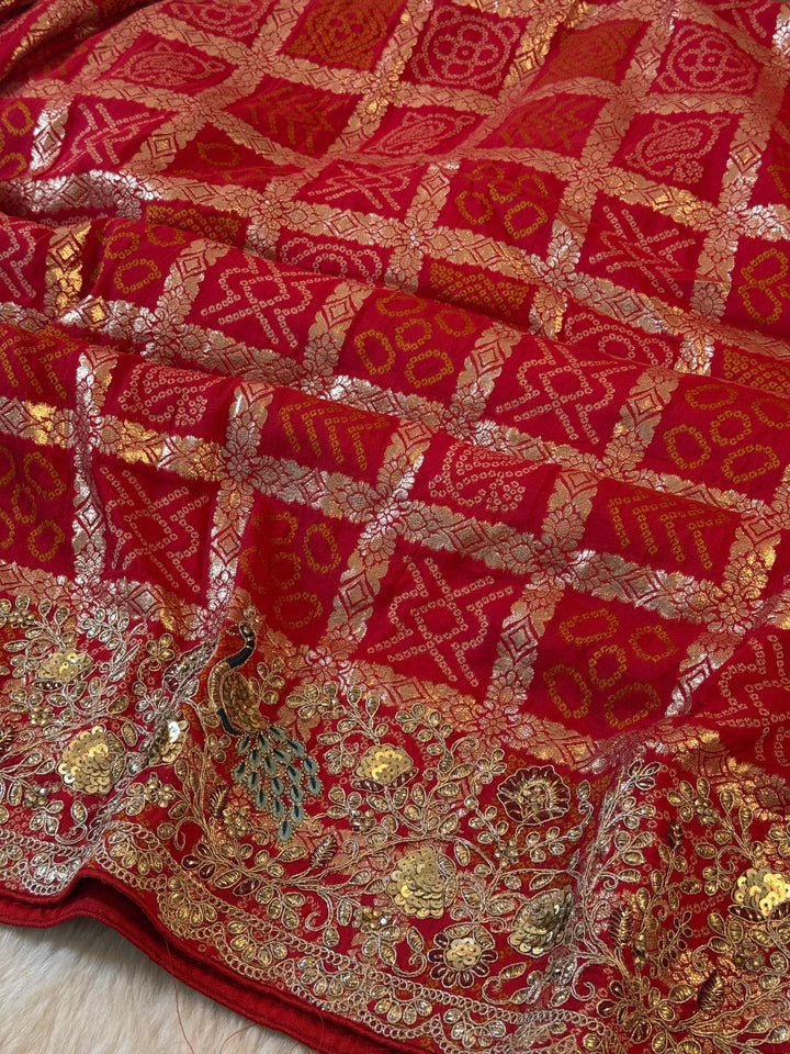 Banarasi Silk Saree with Zari Weaving & Peacock Embroidered Border