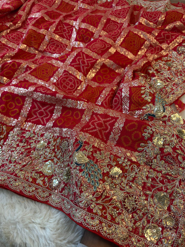 Banarasi Silk Saree with Zari Weaving & Peacock Embroidered Border