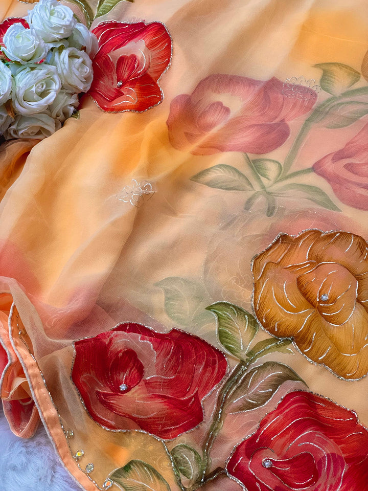Floral Printed Saree with Pearl Border & Shaded Bloom