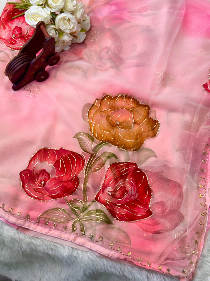 Floral Printed Saree with Pearl Border & Shaded Bloom