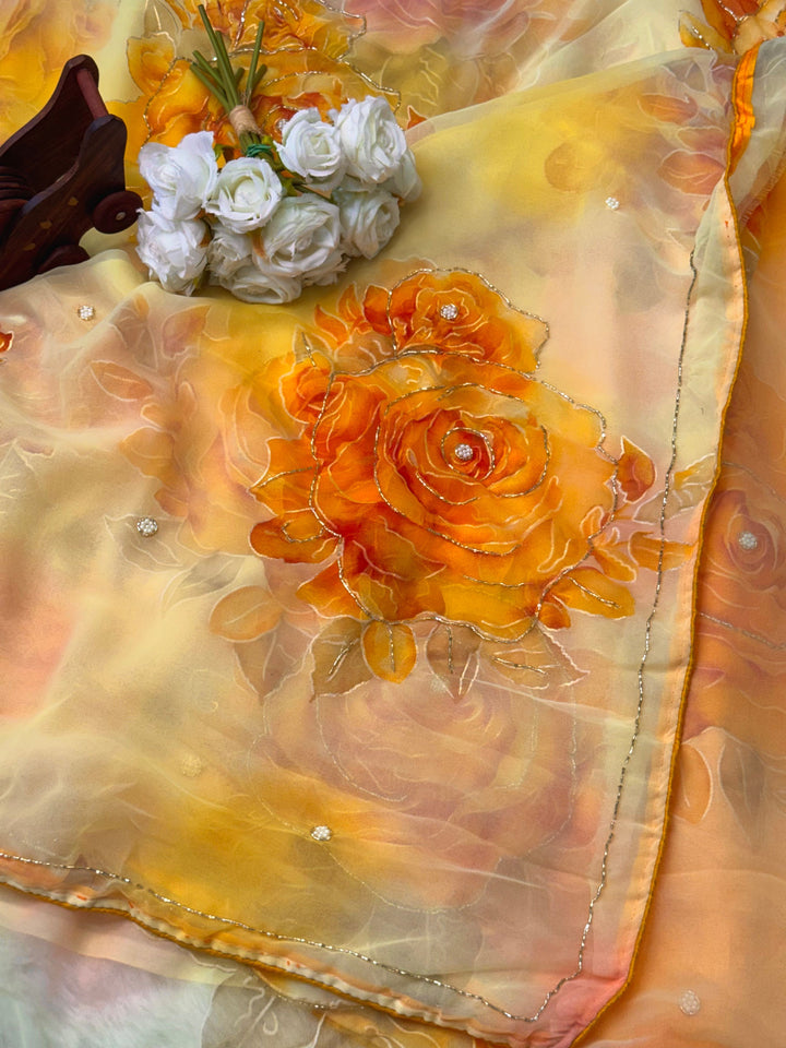 Shaded Floral Printed Saree with Pearl & Metallic Outline