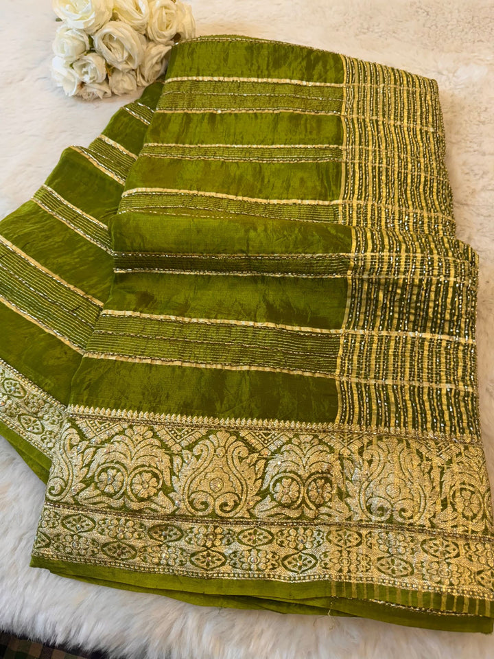 Premium HO Silk Saree with Golden Zari Border & Sequin Stripes