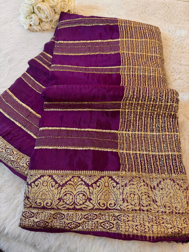 Premium HO Silk Saree with Golden Zari Border & Sequin Stripes