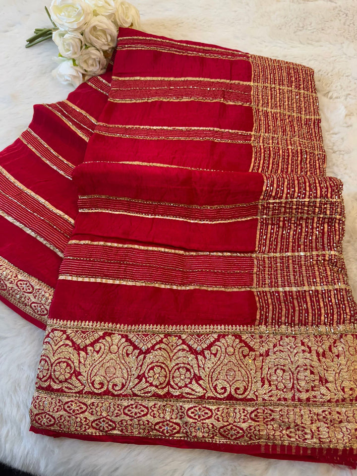 Premium HO Silk Saree with Golden Zari Border & Sequin Stripes