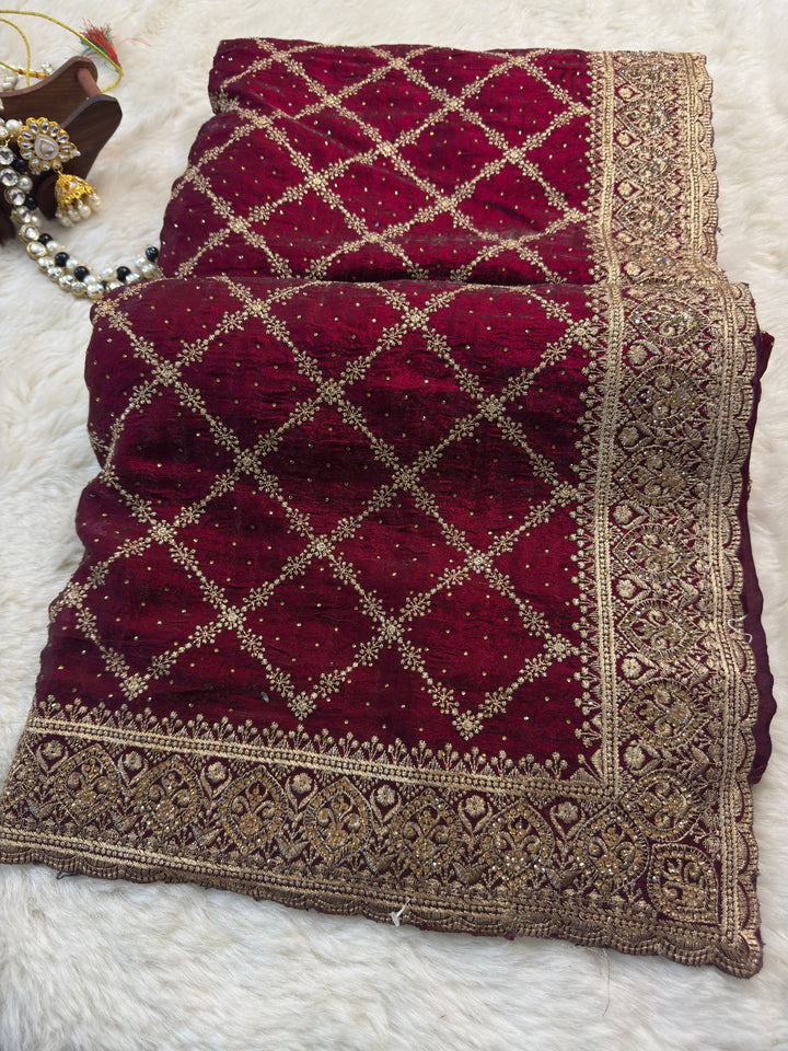 Premium Fendy Silk Saree – Diamond Jaal Embroidery & Heavy Border Work