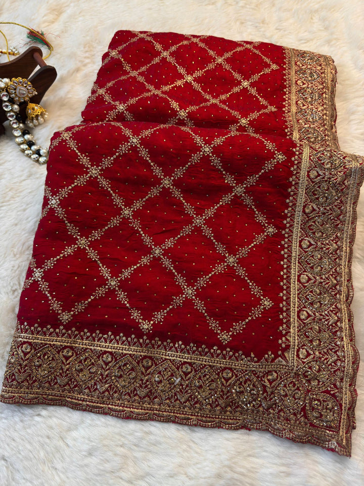 Premium Fendy Silk Saree – Diamond Jaal Embroidery & Heavy Border Work