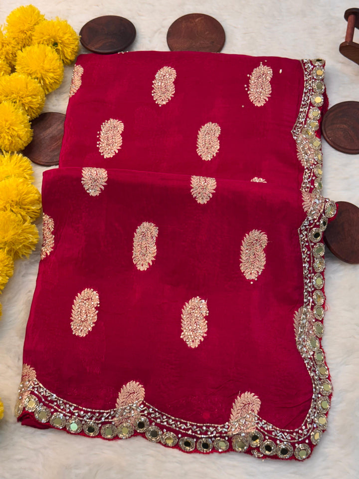 HO Silk Saree with Golden Butti Embroidery & Mirror Work Border