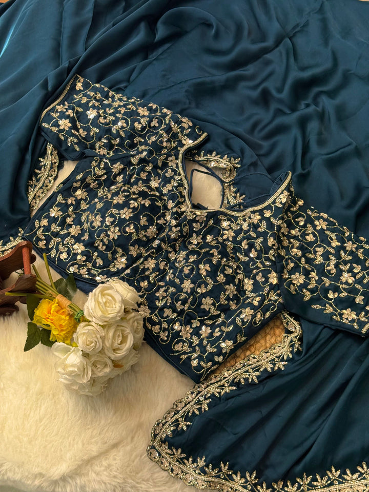 Satin Silk Saree with Heavy Hand-Embroidered Readymade Blouse