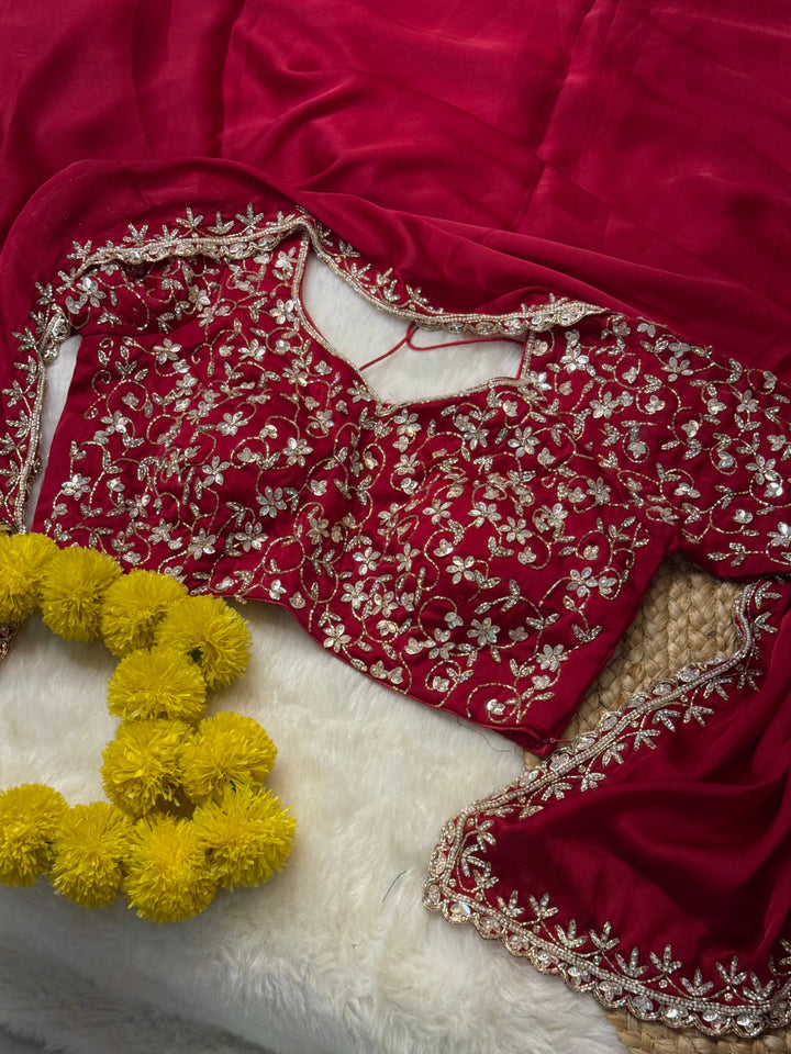 Satin Silk Saree with Heavy Hand-Embroidered Readymade Blouse
