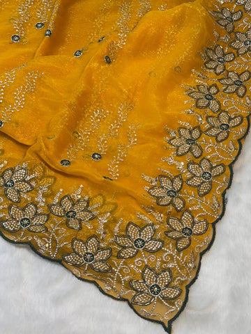 Yellow shimmer chiffon saree with white floral embroidery and green blouse – perfect for haldi and festive wear