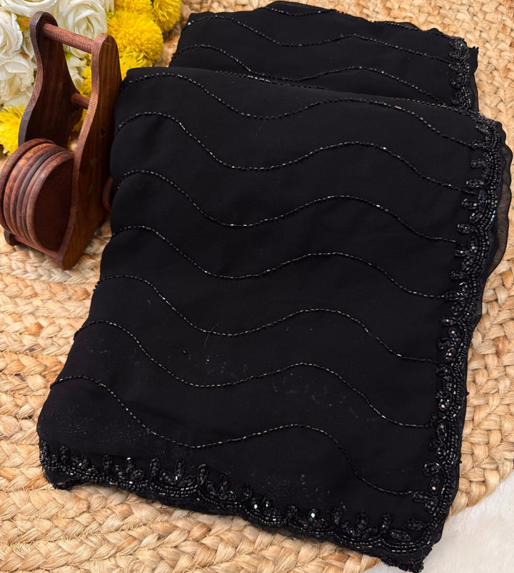 Black georgette saree with wavy cutdana handwork and scallop bead border – Jyoti Sarees

