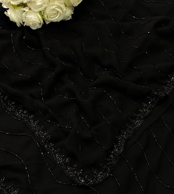 Black georgette saree with wavy cutdana handwork and scallop bead border – Jyoti Sarees