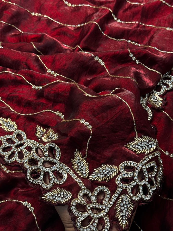Fendy silk saree with gota ring floral border and wavy embroidery – Jyoti Sarees