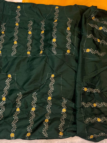 Yellow shimmer chiffon saree with white floral embroidery and green blouse – perfect for haldi and festive wear