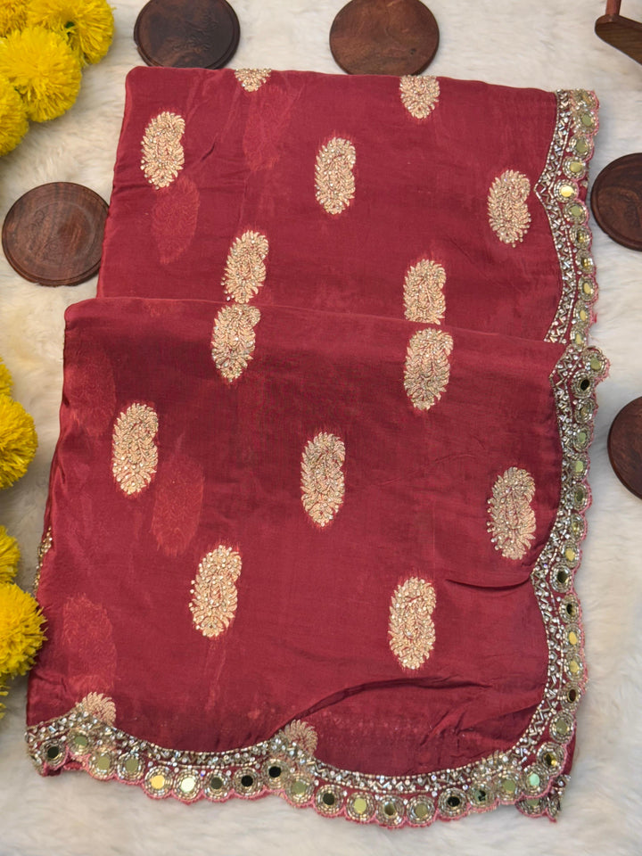 HO Silk Saree with Golden Butti Embroidery & Mirror Work Border