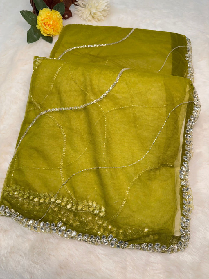 Net Saree with Flowing Cutdana Work & Mirror Border