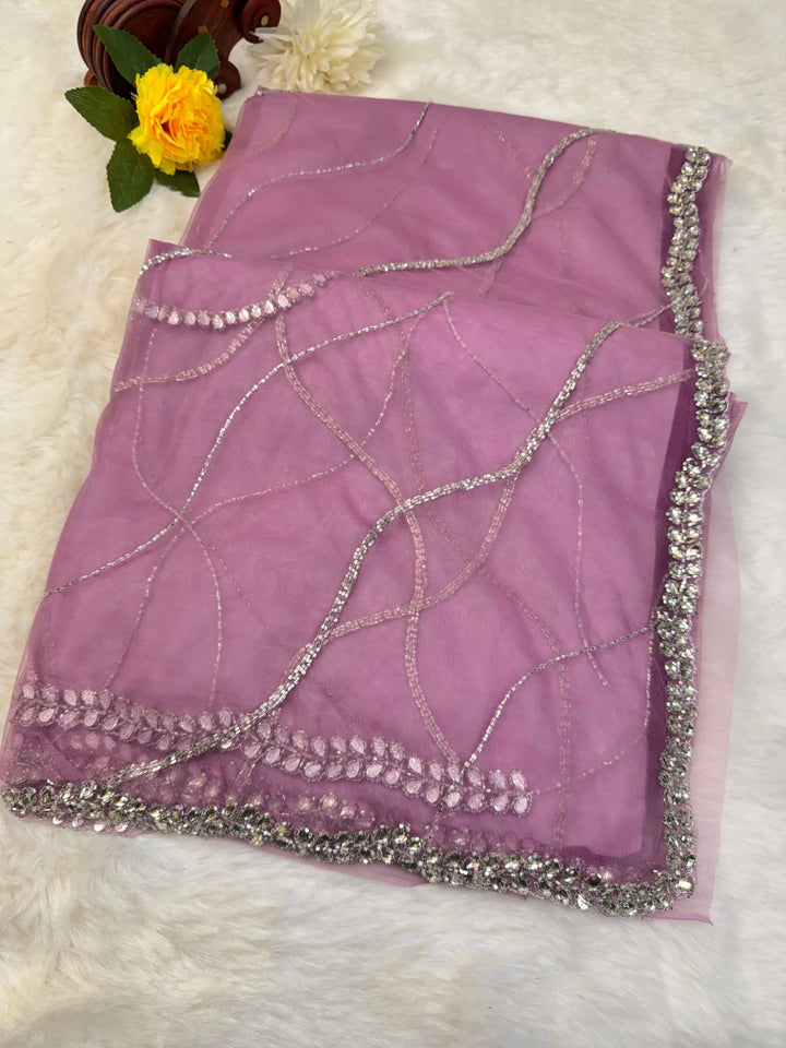 Net Saree with Flowing Cutdana Work & Mirror Border