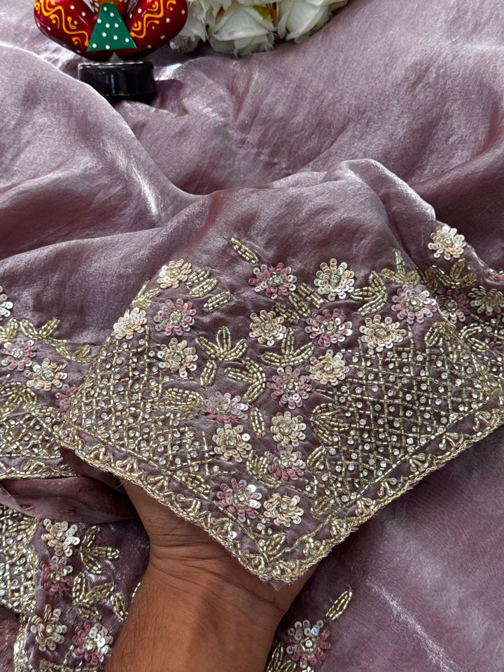 Fendy Silk Saree with Floral Sequin Embroidery & Heavy Beaded Border