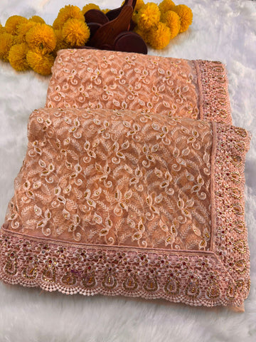 "Elegant net saree with intricate jaal embroidery and embellished border, paired with matching unstitched blouse – perfect for festive and wedding wear