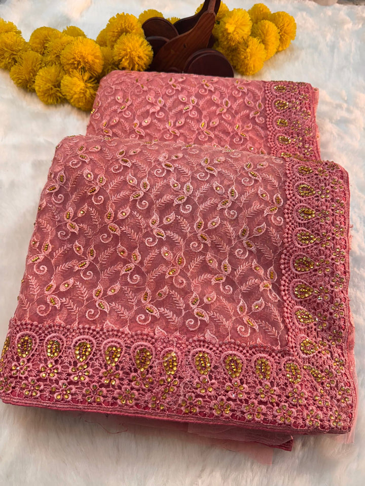 "Elegant net saree with intricate jaal embroidery and embellished border, paired with matching unstitched blouse – perfect for festive and wedding wear
