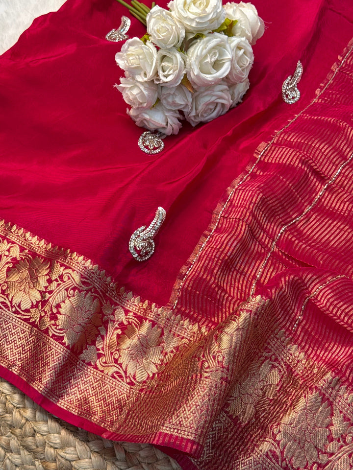 HO Silk Saree with Sequin Paisley Butti & Zari Border