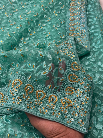 "Elegant net saree with intricate jaal embroidery and embellished border, paired with matching unstitched blouse – perfect for festive and wedding wear