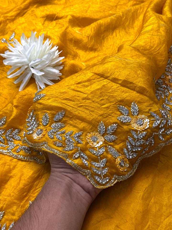 Mustard Yellow Fendy Silk Saree with Hand Embroidery