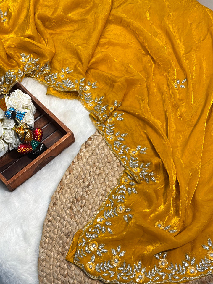 Mustard Yellow Fendy Silk Saree with Hand Embroidery