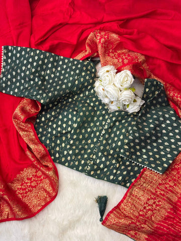 Dola silk saree with rich zari pallu and readymade brocade blouse in red, wine, mustard, and teal color combinations