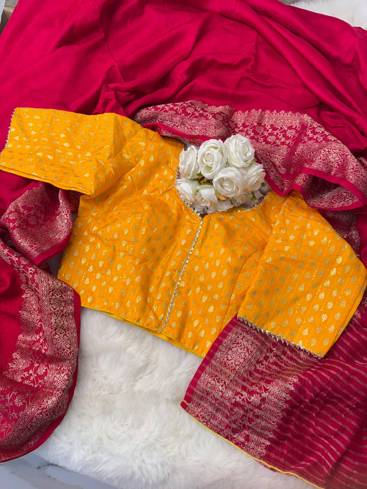 Dola silk saree with rich zari pallu and readymade brocade blouse in red, wine, mustard, and teal color combinations