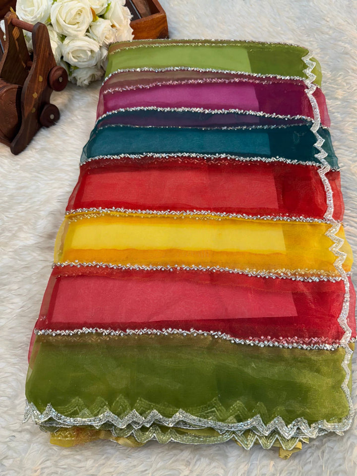 Premium multicolor tissue saree with unstitched blouse – perfect for festive and party occasions