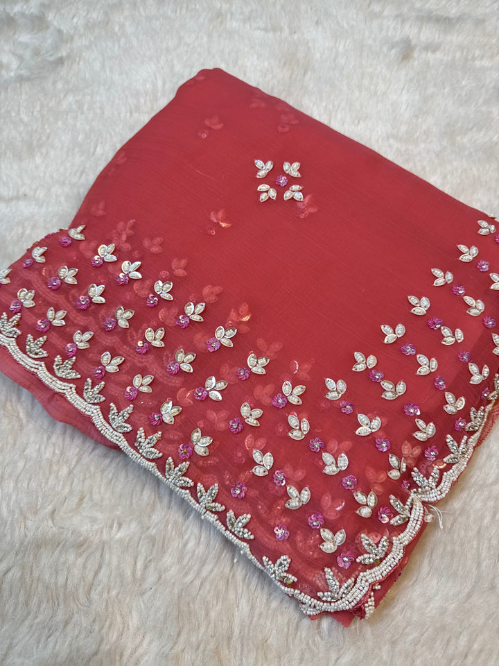 Embroidered Premium Waree Chiffon Saree with Floral Cutdana Border – Jyoti Sarees Exclusive