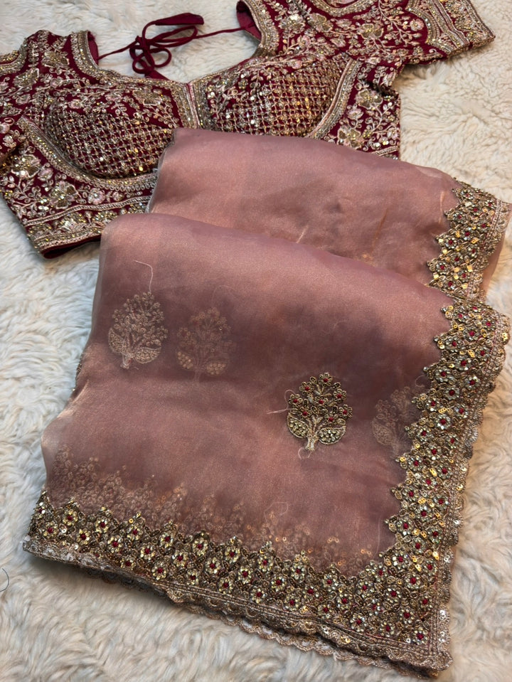Premium Cosmo Silk Saree with Heavy Hand-Embroidered Border & Designer Stitched Blouse