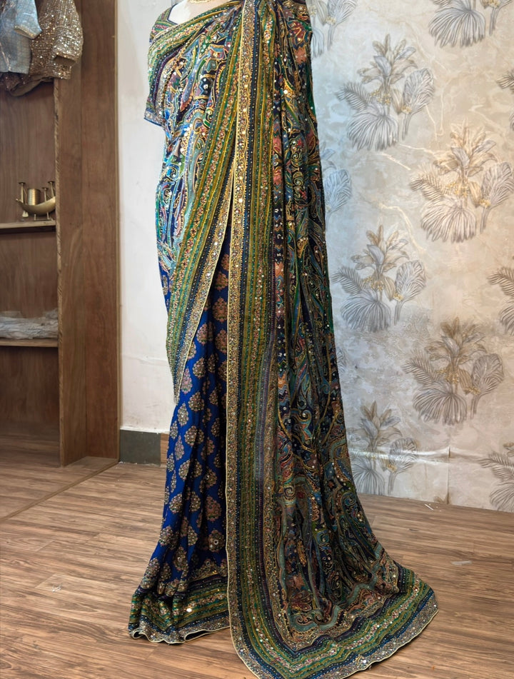 Royal Blue Crepe Chinon Saree with Heavy Embellished Border