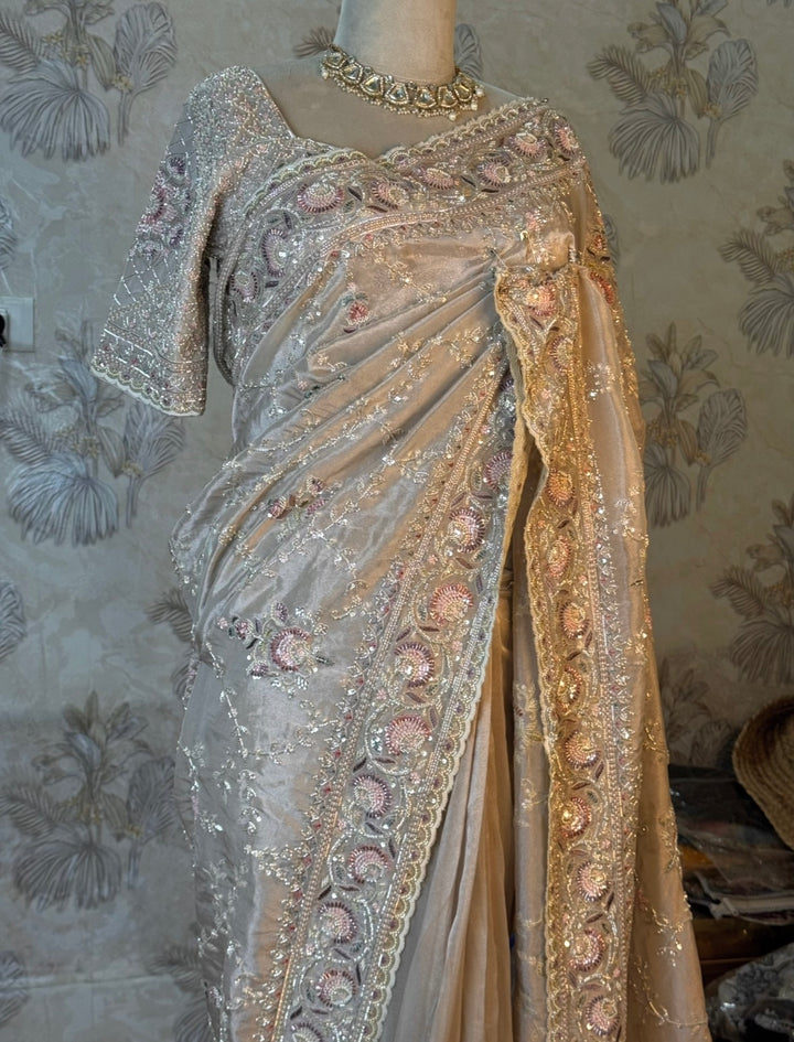 Champagne Floral Embroidered Bridal Saree with Heavy Handwork Border