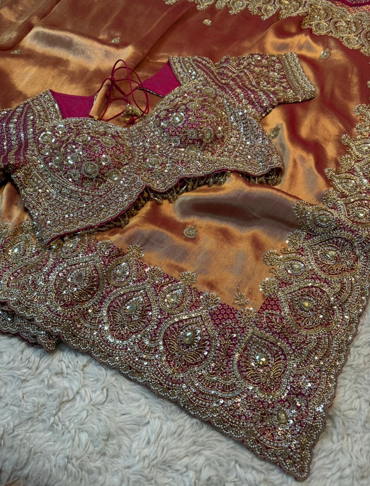Premium Silk Saree with Heavy Zarkan, Cutdana & Pearl Handwork Border