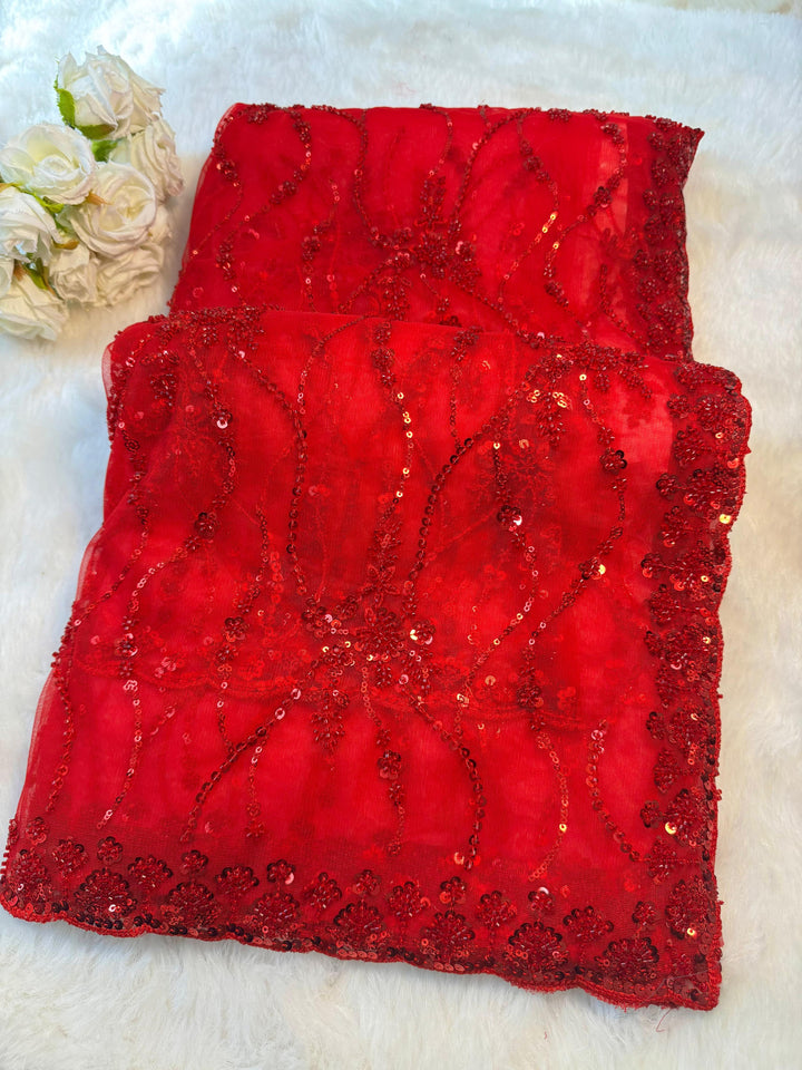 Designer Net Saree with Sequin Floral Embroidery & Scalloped Border