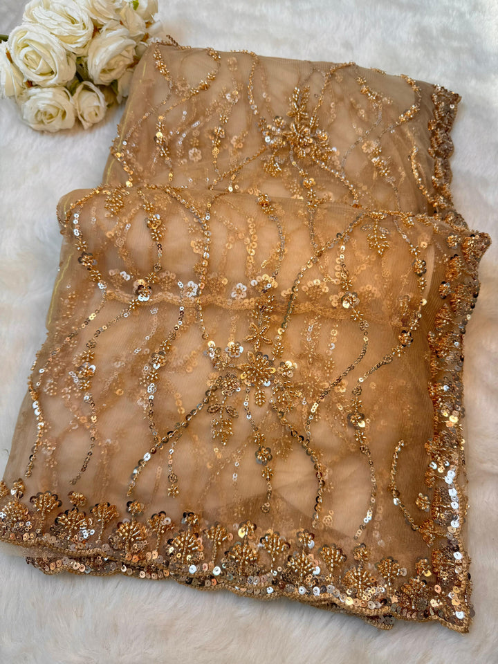 Designer Net Saree with Sequin Floral Embroidery & Scalloped Border