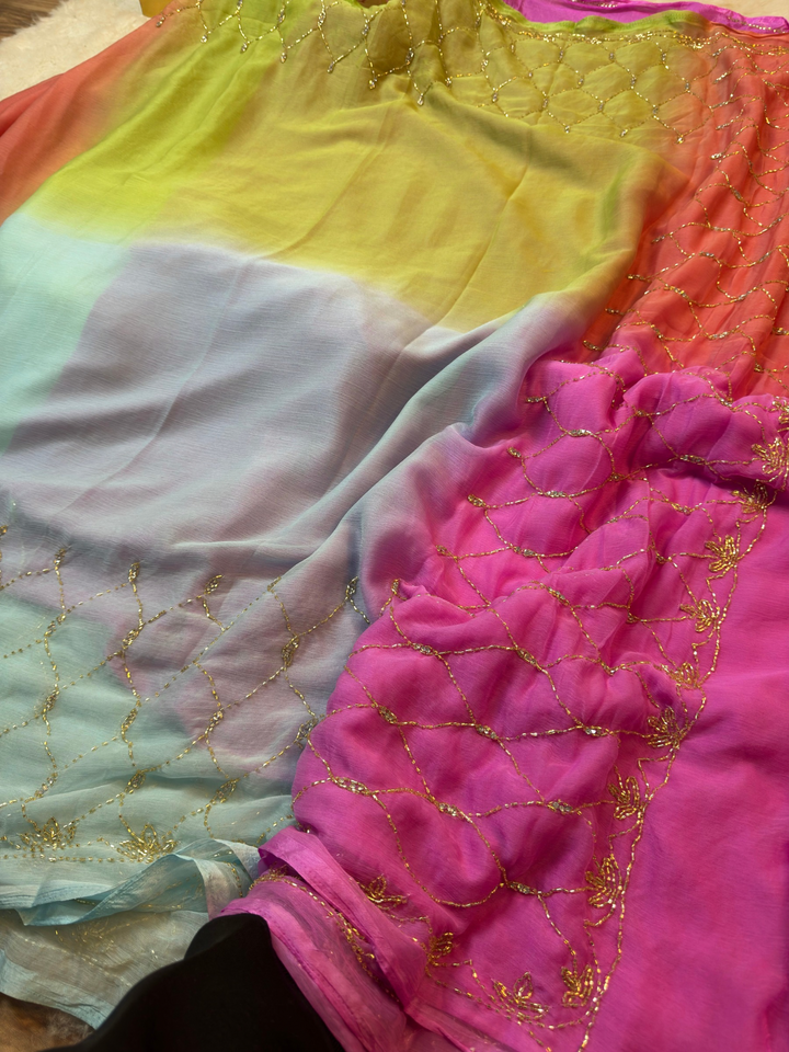 Ombre Chiffon Saree with Golden Jaal Embroidery & Scalloped Border