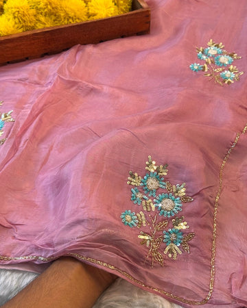 HO silk saree with hand sequin floral embroidery and golden border in pastel pink, green, and blue shades