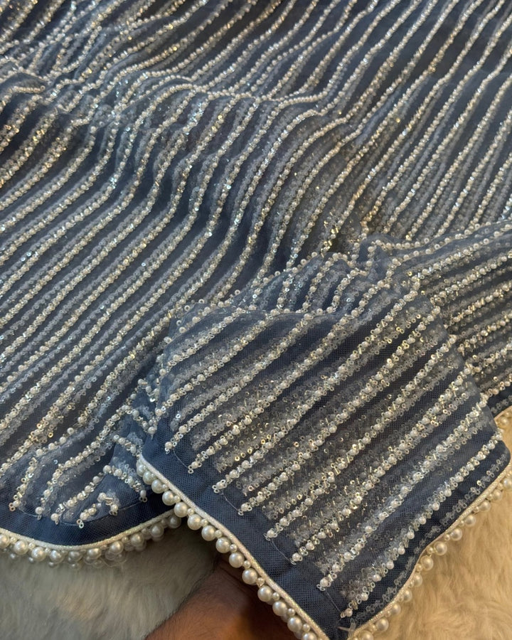 Premium Net Saree with Sequin and pearl Stripes  & Pearl Border Work