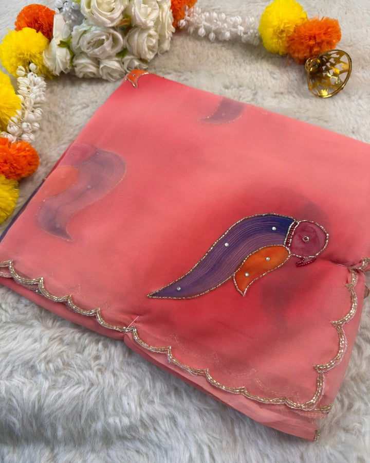 Georgette Saree with Printed Bird Motif & Zari Scallop Border