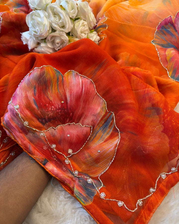 Floral Printed Georgette Saree with Pearl Border