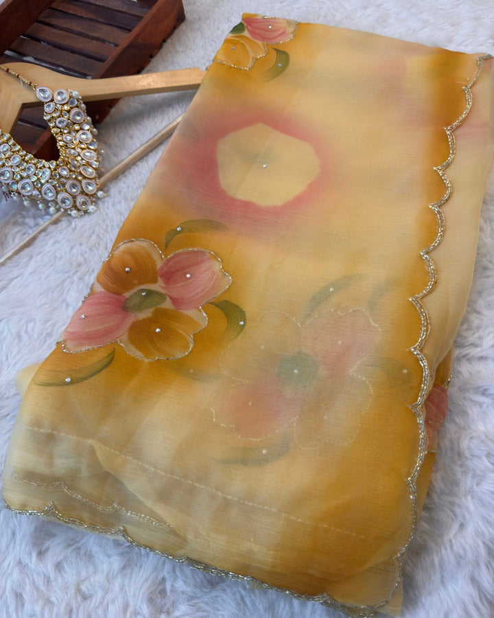 Floral Printed Chiffon Saree with Scalloped Golden Border